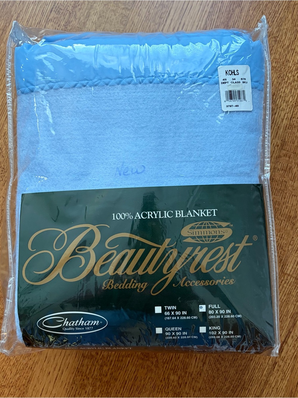 Vintage Beautyrest Chatham Acrylic Blanket Full 80”x90” Blue Satin Trim USA NEW